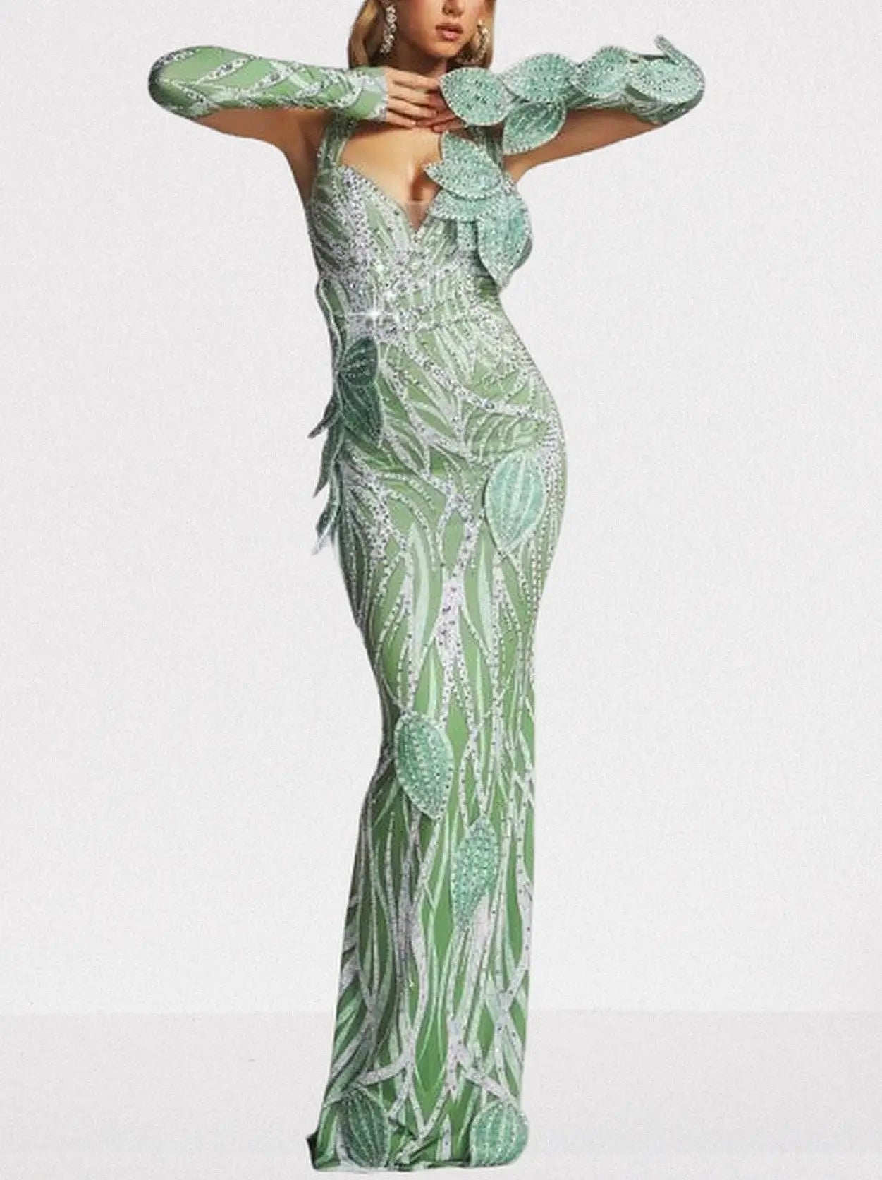 Leaf Appliqué Halter Cut-Out Gown in Mint Green - Dresses