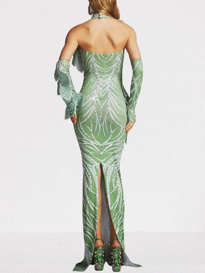 Leaf Appliqué Halter Cut-Out Gown in Mint Green - Dresses