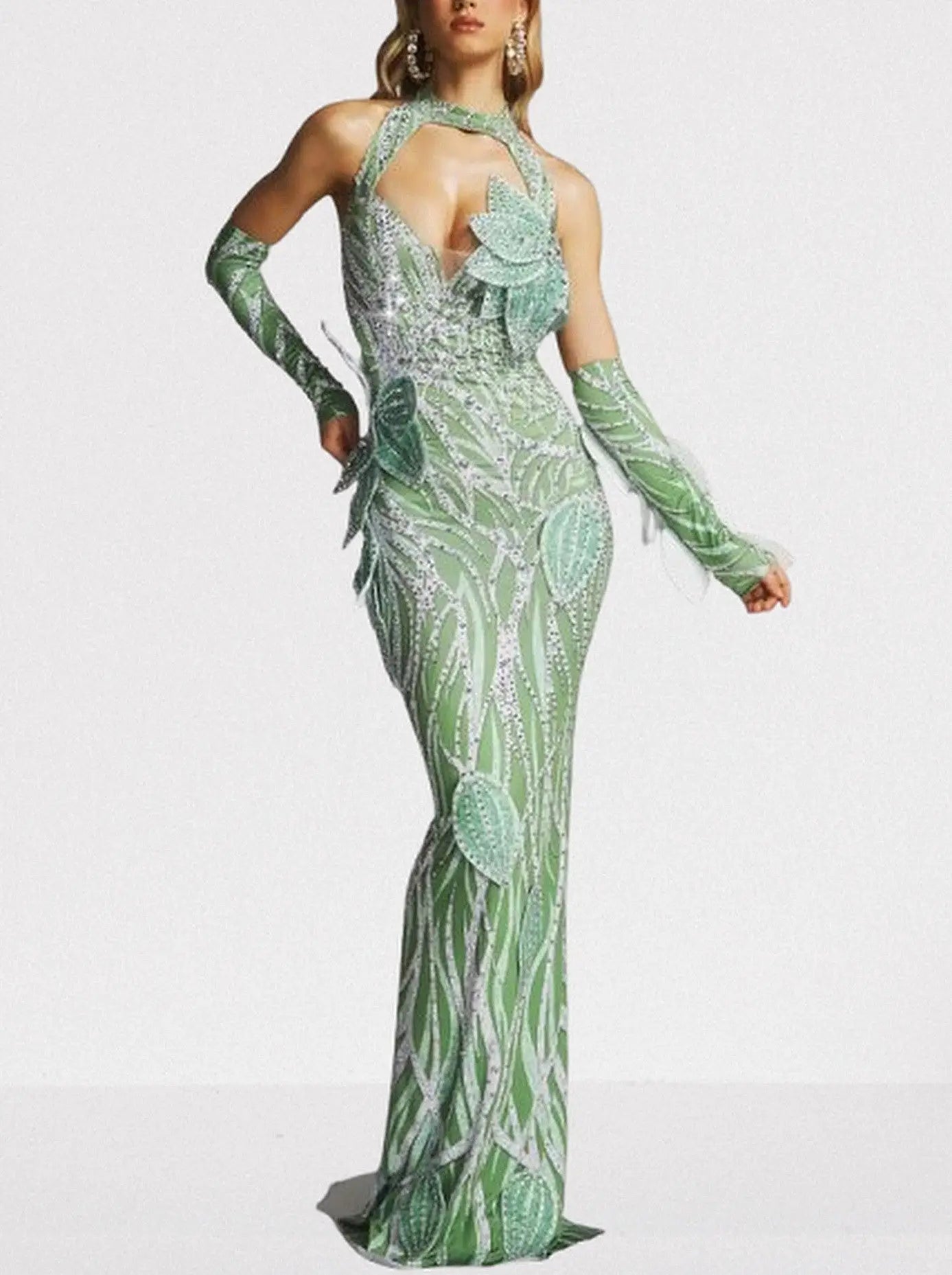 Leaf Appliqué Halter Cut-Out Gown in Mint Green - Dresses