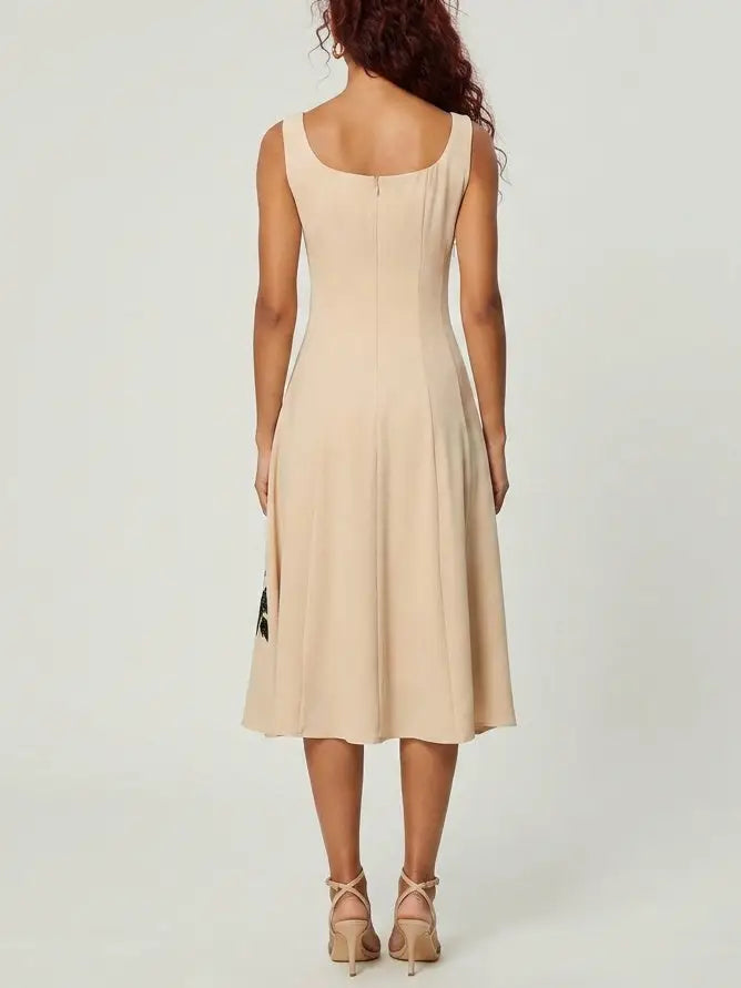 Leaf Motif Sleeveless Midi Dress - Dresses