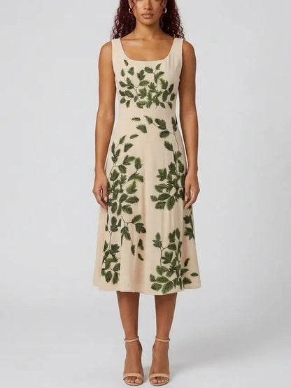 Leaf Motif Sleeveless Midi Dress - Dresses