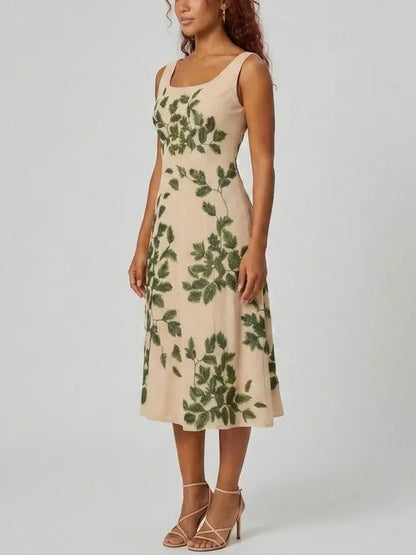 Leaf Motif Sleeveless Midi Dress - Dresses