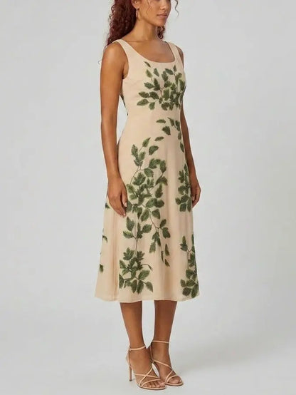 Leaf Motif Sleeveless Midi Dress - Dresses