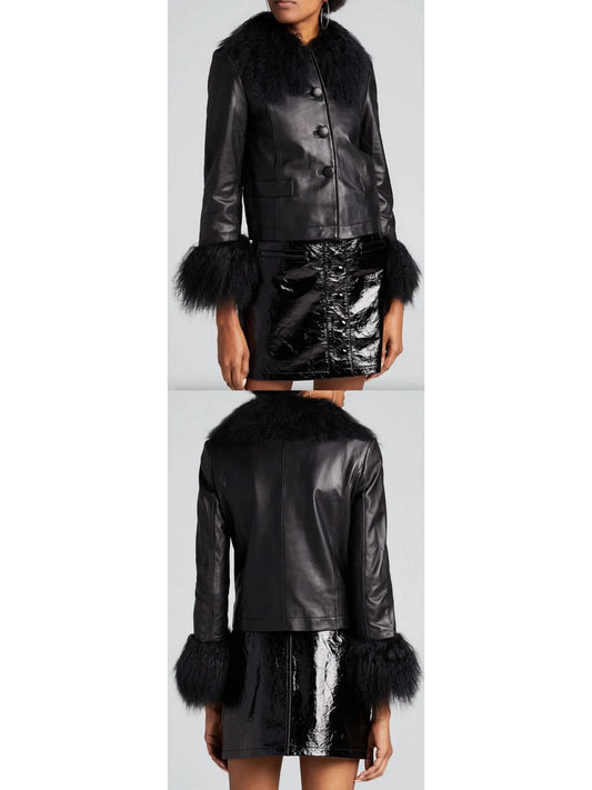 Leather Shearling-Collar & Cuff Jacket - Branna Couture