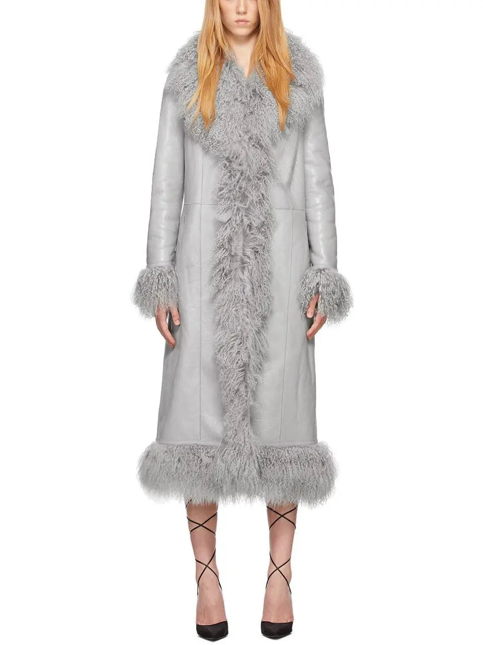 Leather and Lambswool Long Coat, Gray - Branna Couture