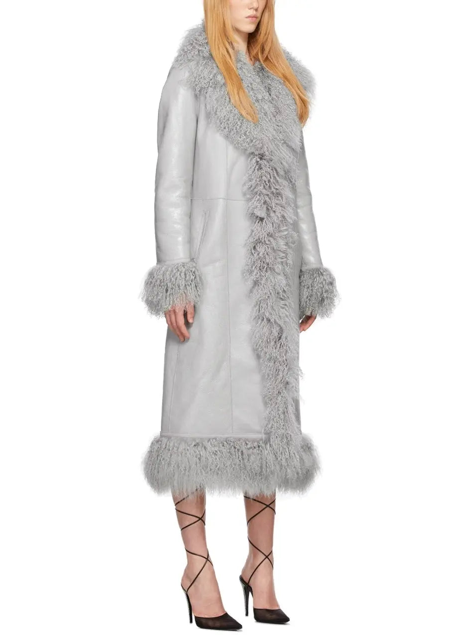 Leather and Lambswool Long Coat, Gray - Branna Couture