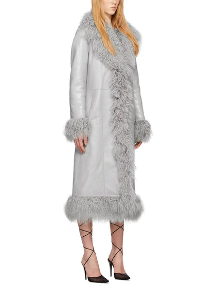 Leather and Lambswool Long Coat, Gray - Branna Couture