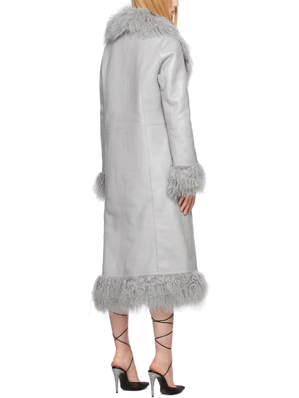 Leather and Lambswool Long Coat, Gray - Branna Couture