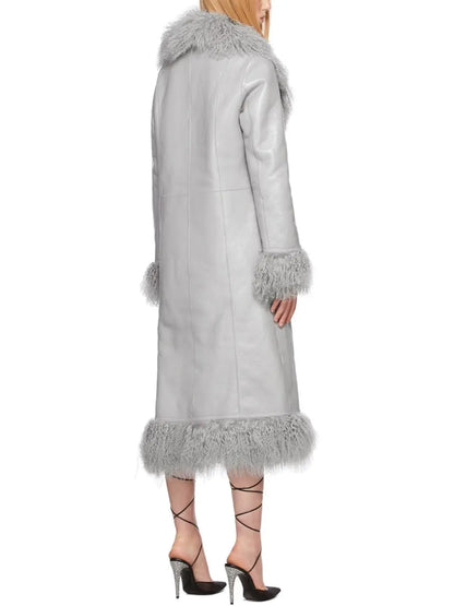 Leather and Lambswool Long Coat, Gray - Branna Couture