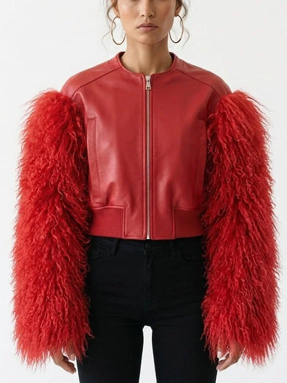 Leather Bomber Jacket with Mongolian Sheep Fur Sleeves - S / Red - Jackets