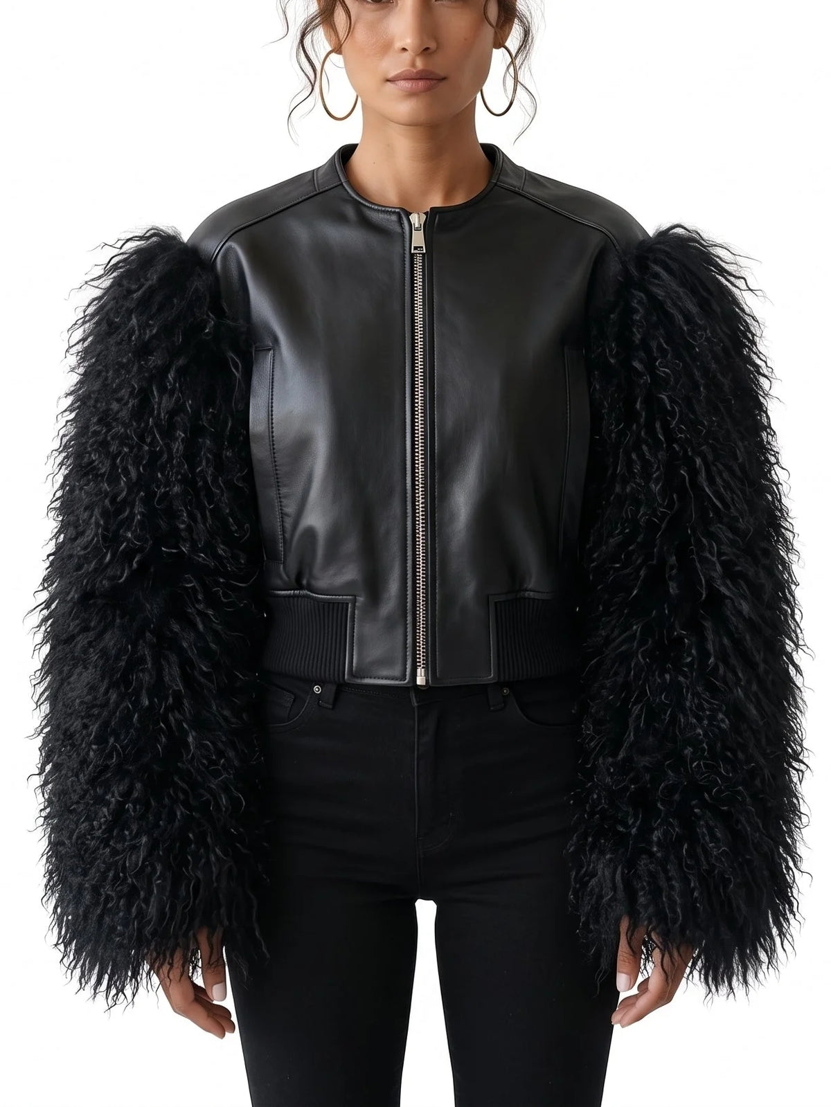 Leather Bomber Jacket with Mongolian Sheep Fur Sleeves - S / Black - Jackets