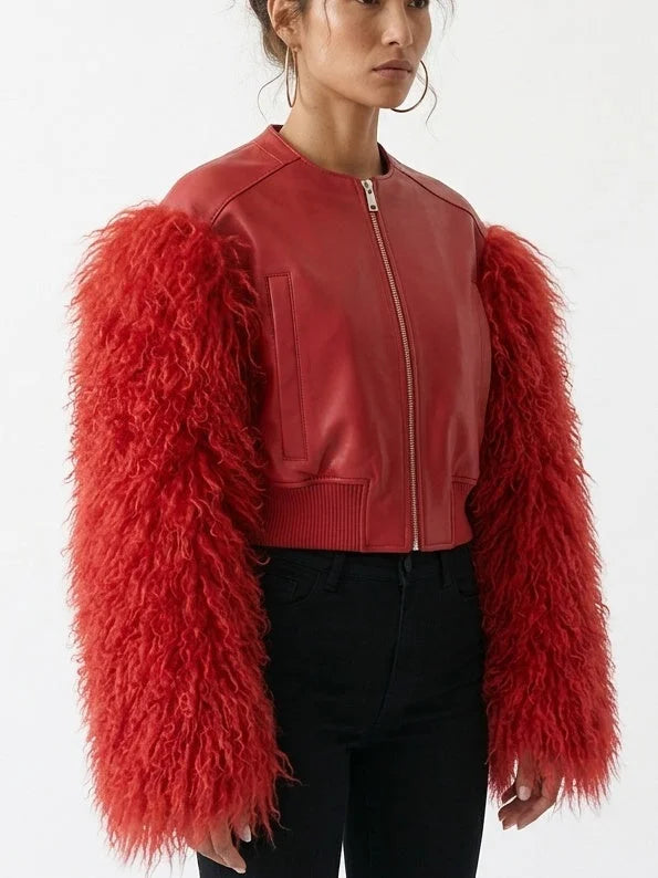 Leather Bomber Jacket with Mongolian Sheep Fur Sleeves - Jackets