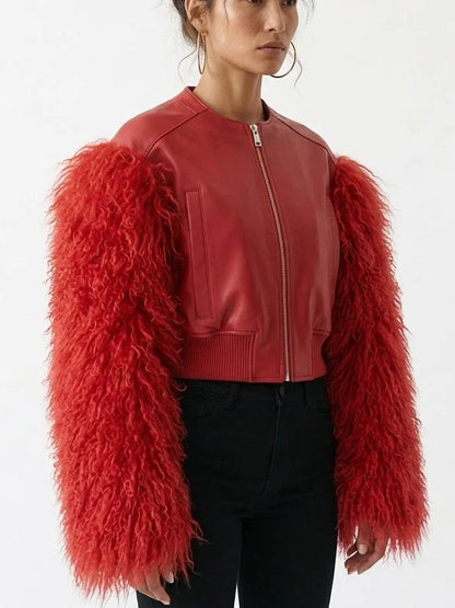 Leather Bomber Jacket with Mongolian Sheep Fur Sleeves - Jackets