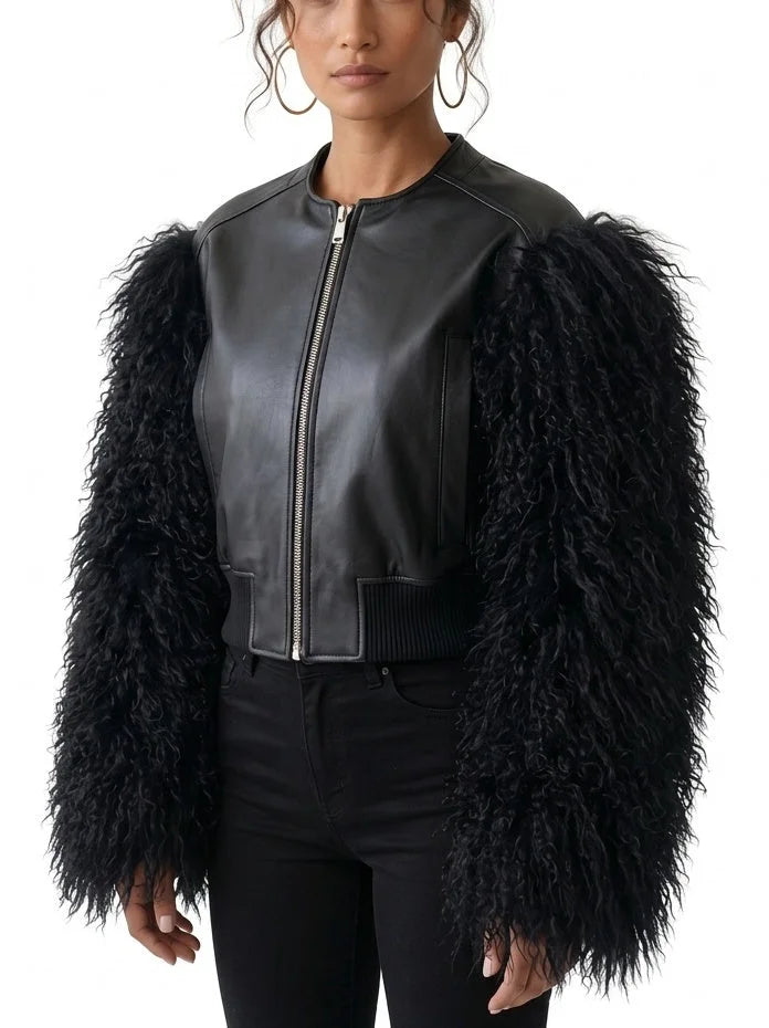 Leather Bomber Jacket with Mongolian Sheep Fur Sleeves - Jackets