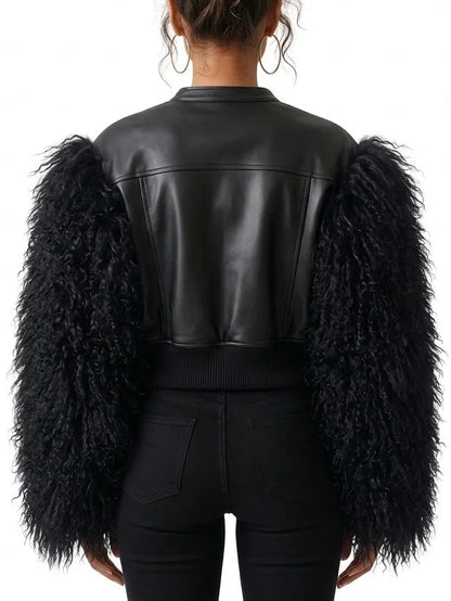 Leather Bomber Jacket with Mongolian Sheep Fur Sleeves - Jackets