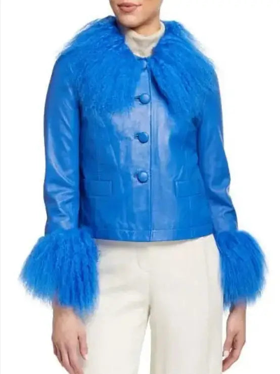 Leather Shearling-Collar & Cuff Jacket - Blue / S - Jackets