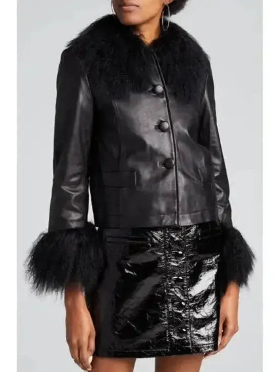Leather Shearling-Collar & Cuff Jacket - Black / S - Jackets