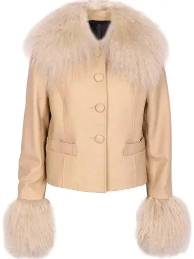 Leather Shearling-Collar & Cuff Jacket - s / Beige - Jackets