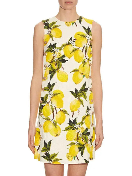 Lemon Print Floral-Brocade Embellished Dress - Branna Couture