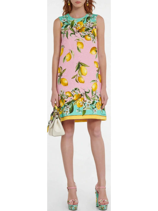 Lemon Printed Brocade Mini Dress - Branna Couture