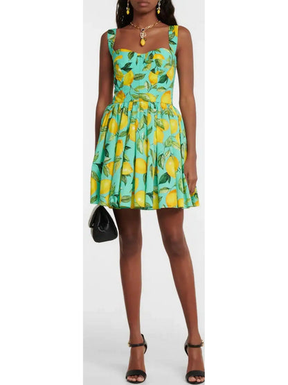 Lemon Printed Mini Dress, Green - Branna Couture