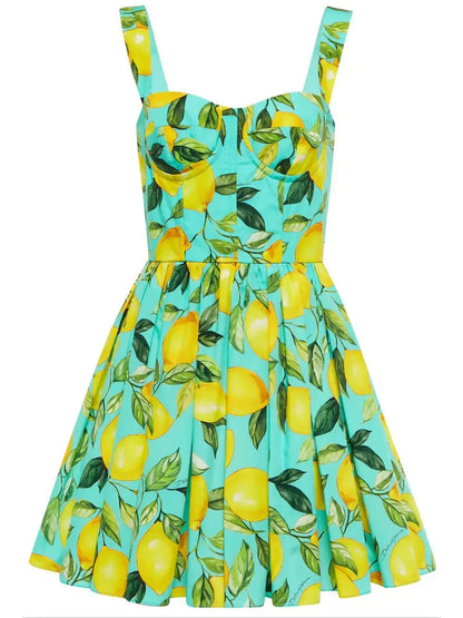 Lemon Printed Mini Dress, Green - Branna Couture