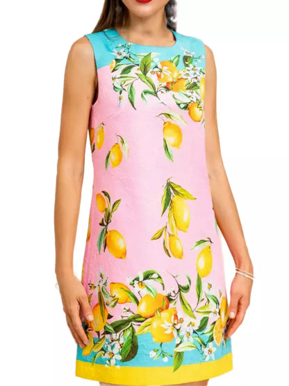 Lemon Printed Brocade Mini Dress