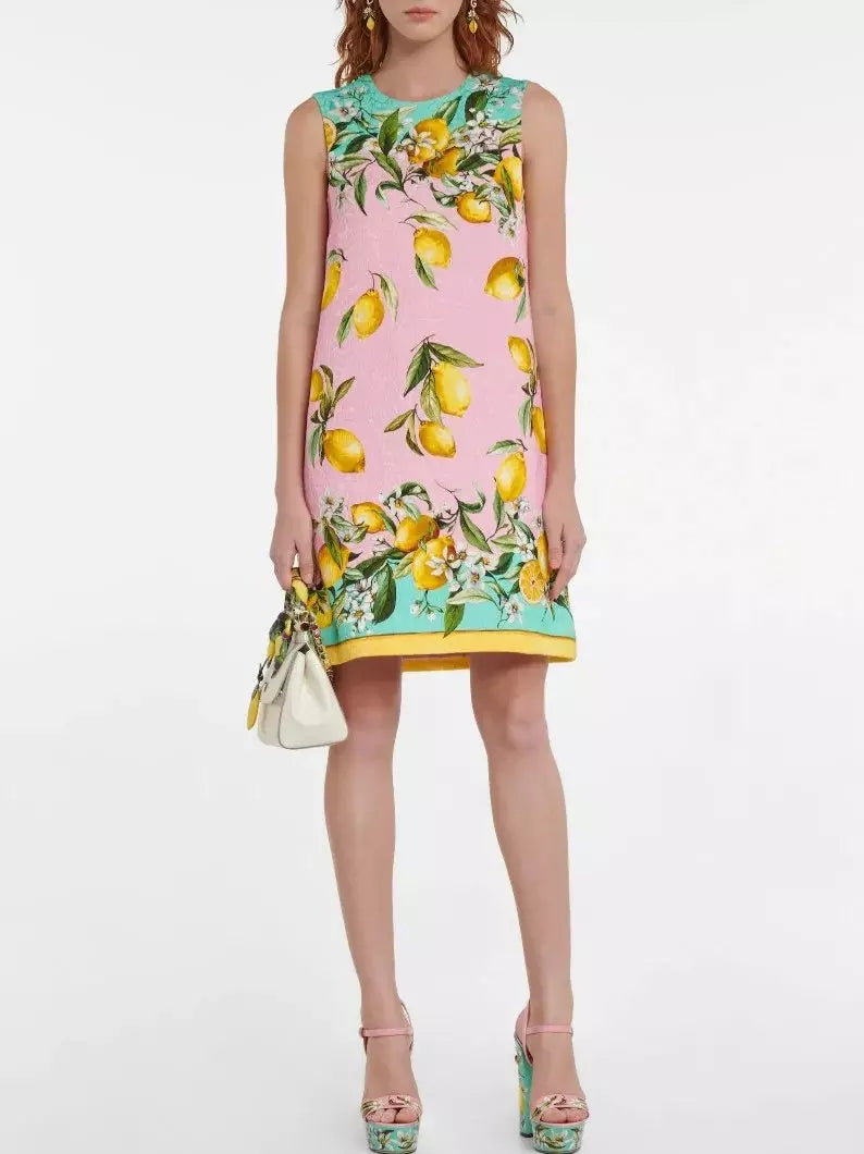 Lemon Printed Brocade Mini Dress