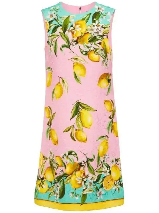 Lemon Printed Brocade Mini Dress - Dresses