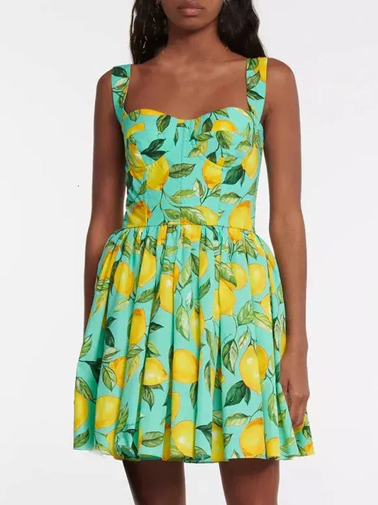 Lemon Printed Mini Dress, Green