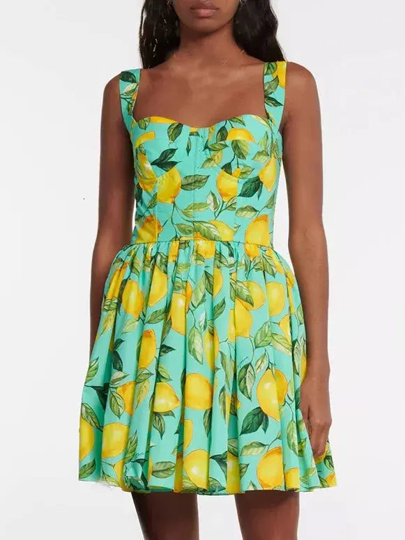 Lemon Printed Mini Dress, Green