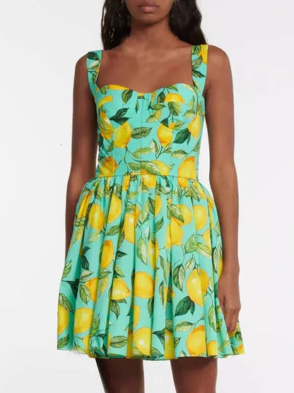 Lemon Printed Mini Dress, Green