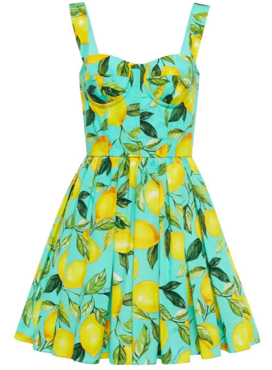 Lemon Printed Mini Dress, Green
