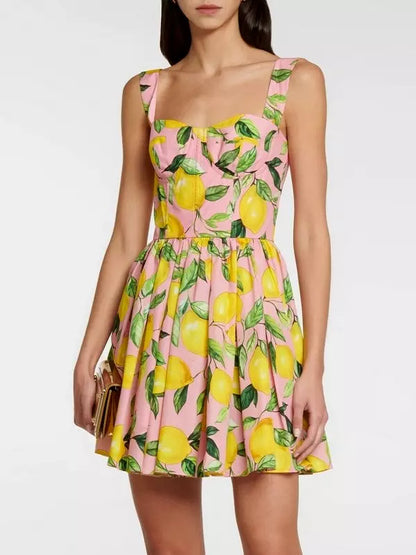 Lemon Printed Mini Dress, Pink