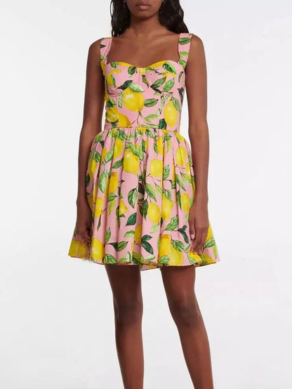 Lemon Printed Mini Dress, Pink