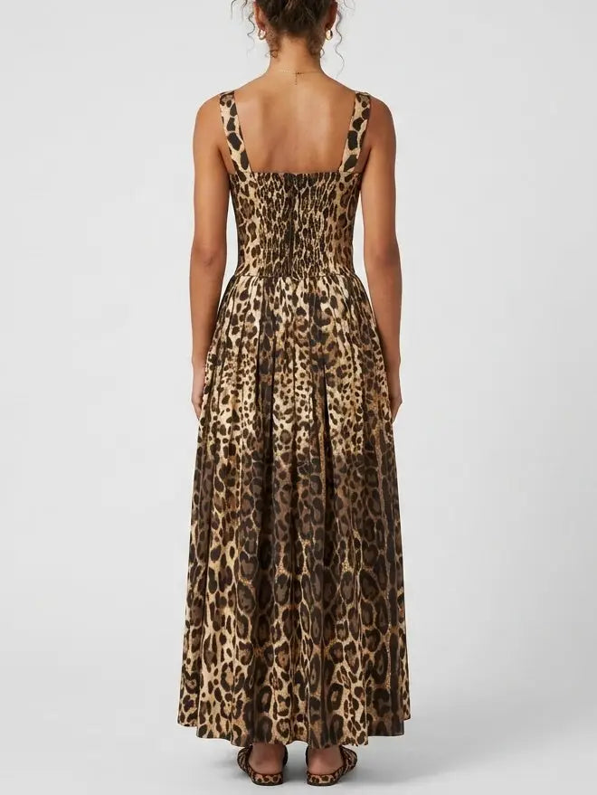 Leopard Print Bustier Cotton Maxi Dress - Dresses