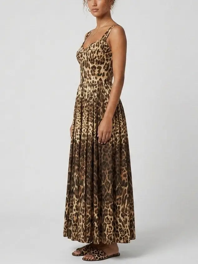 Leopard Print Bustier Cotton Maxi Dress - Dresses