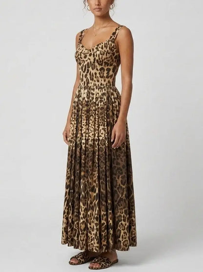 Leopard Print Bustier Cotton Maxi Dress - Dresses