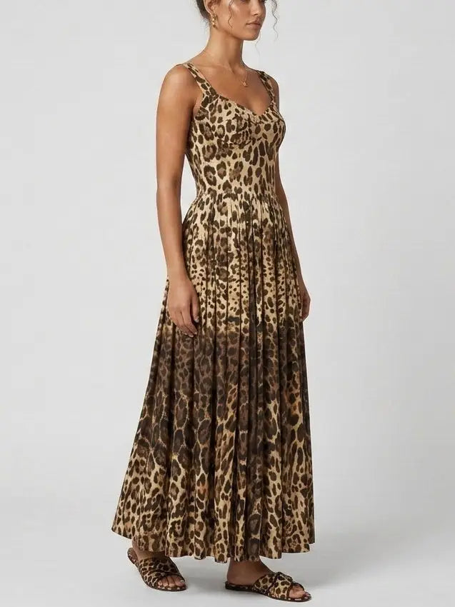 Leopard Print Bustier Cotton Maxi Dress - Dresses