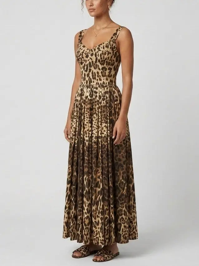 Leopard Print Bustier Cotton Maxi Dress - Dresses