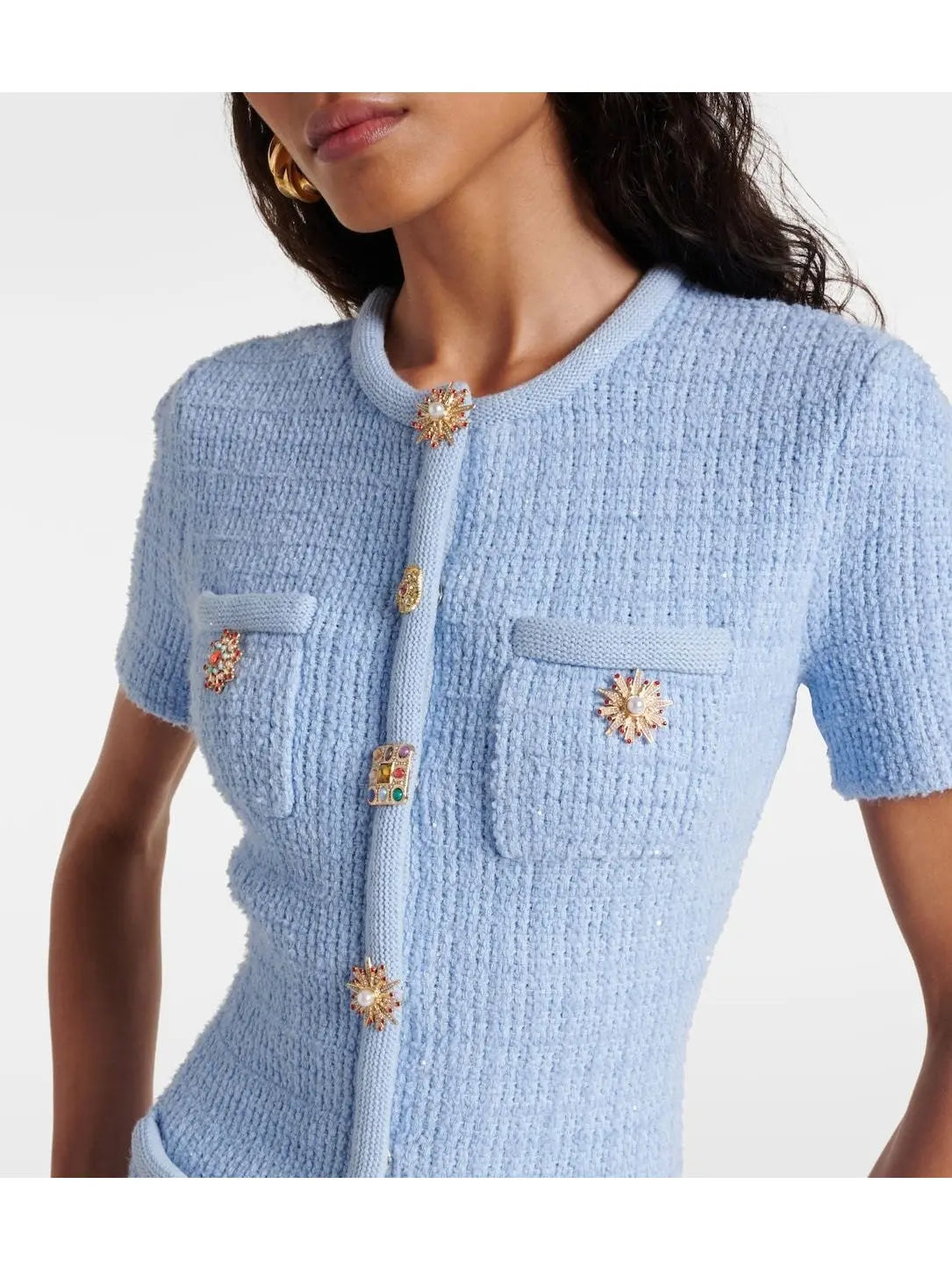 Light Blue Jewel-Button Knit Mini Dress - Branna Couture