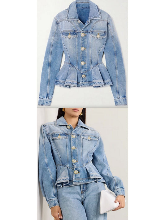 Light Blue Washed Denim Ruffle Peplum Jacket - Branna Couture