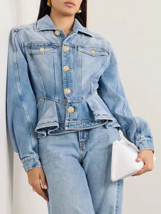 Light Blue Washed Denim Ruffle Peplum Jacket - Branna Couture