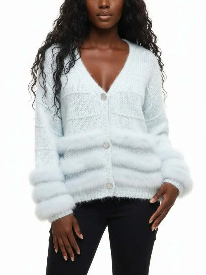Light Blue Faux-Fur Trim Knit Cardigan - Small - Sweaters & Knitwear