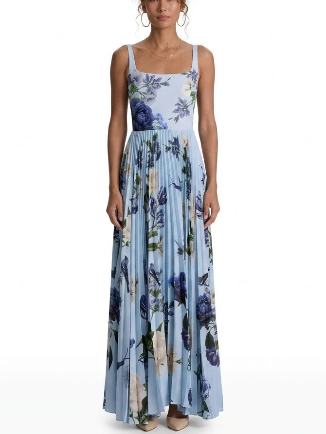 Light Blue Floral Print Pleated Maxi Dress - S - Dresses