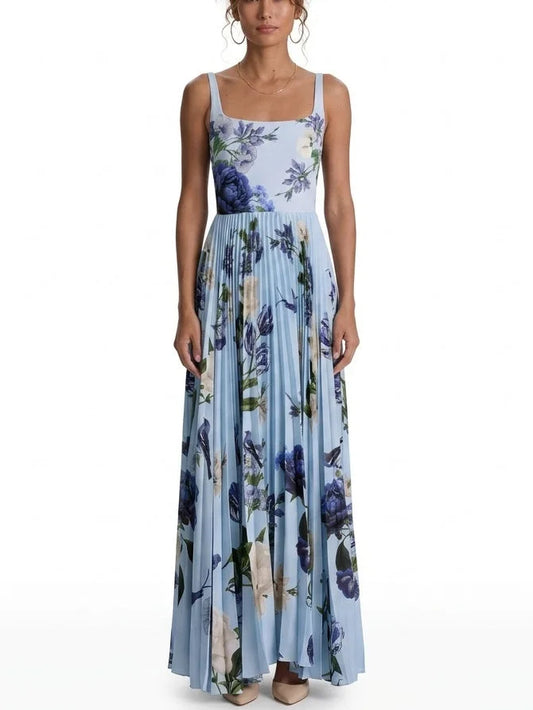 Light Blue Floral Print Pleated Maxi Dress - S - Dresses