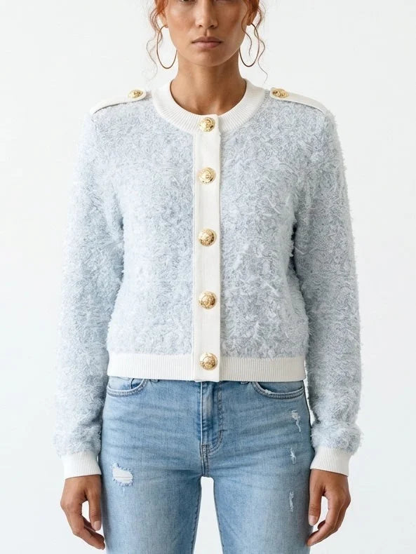 Short-Sleeve Cropped Knit Cardigan in Blue - S - Sweaters & Knitwear