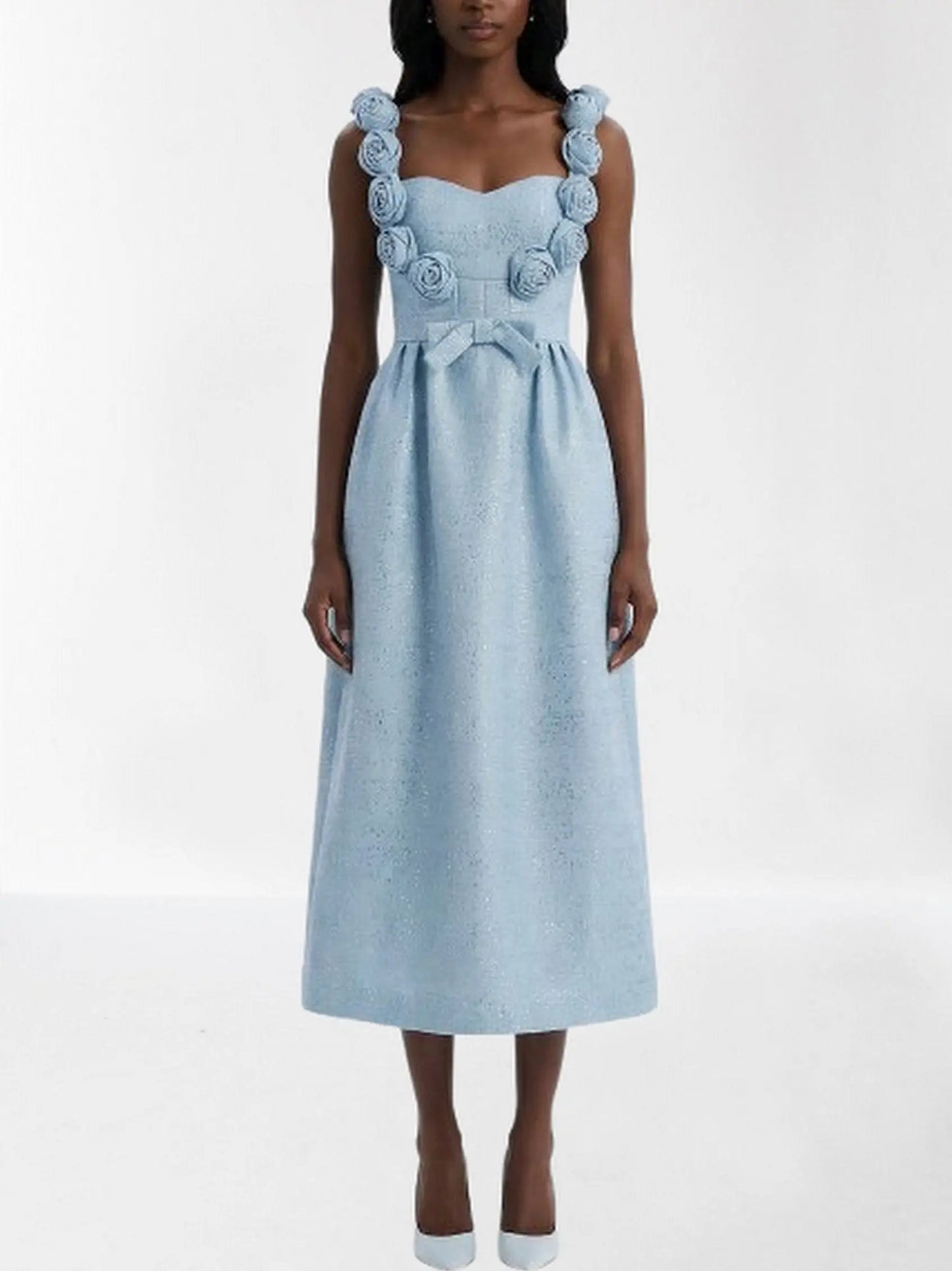Light Blue Rosette-Embellished Midi Dress - Small - Dresses