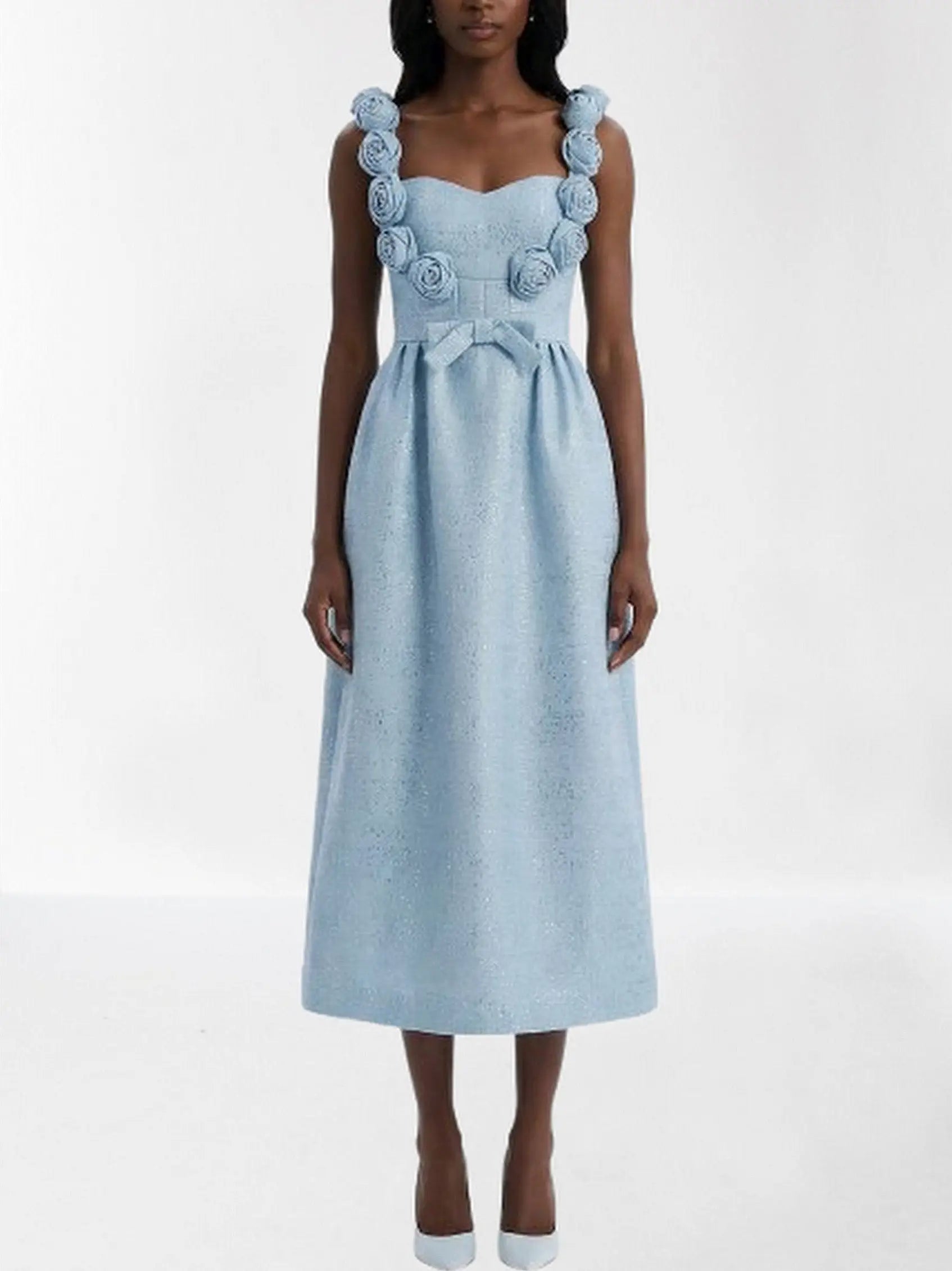 Light Blue Rosette-Embellished Midi Dress - Small - Dresses