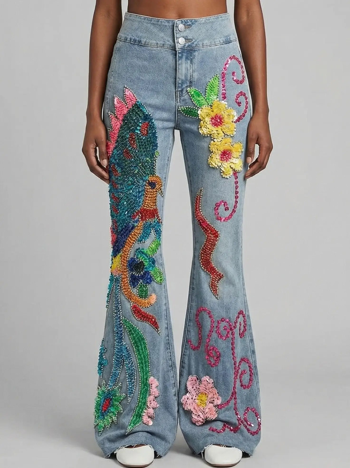 Light Blue Sequin and Beaded Flare Denim Jeans - Small - Jeans & Pants